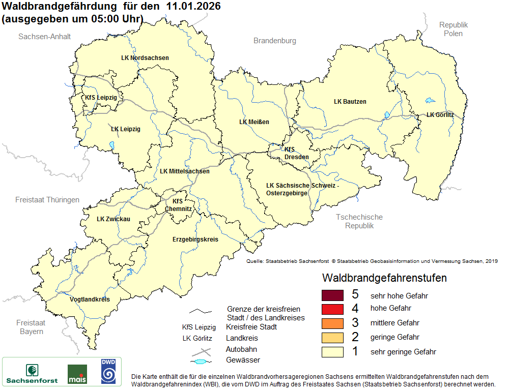 Aktuelle Waldbrandwarnstufen für Sachsen