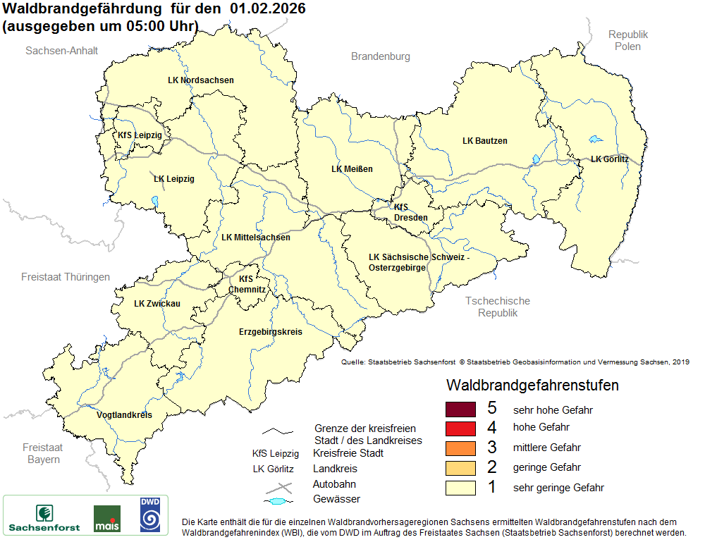 Aktuelle Waldbrandwarnstufen für Sachsen
