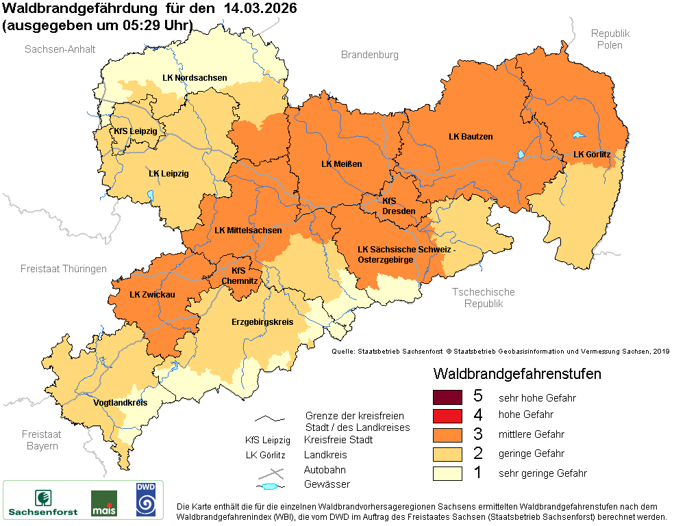 Aktuelle Waldbrandwarnstufen für Sachsen