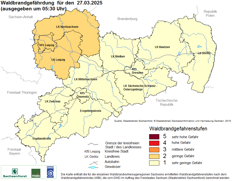 Aktuelle Waldbrandwarnstufen für Sachsen