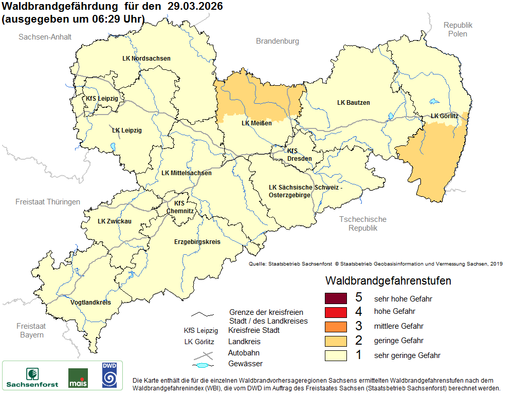 Aktuelle Waldbrandwarnstufen für Sachsen