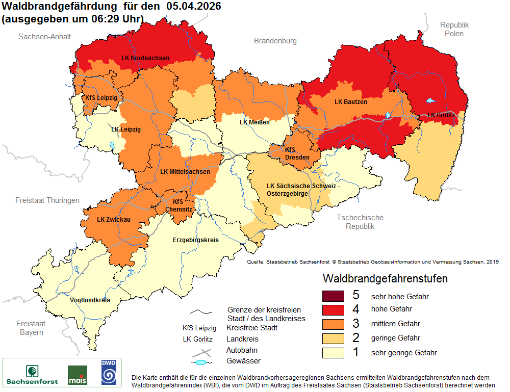 Aktuelle Waldbrandwarnstufen für Sachsen