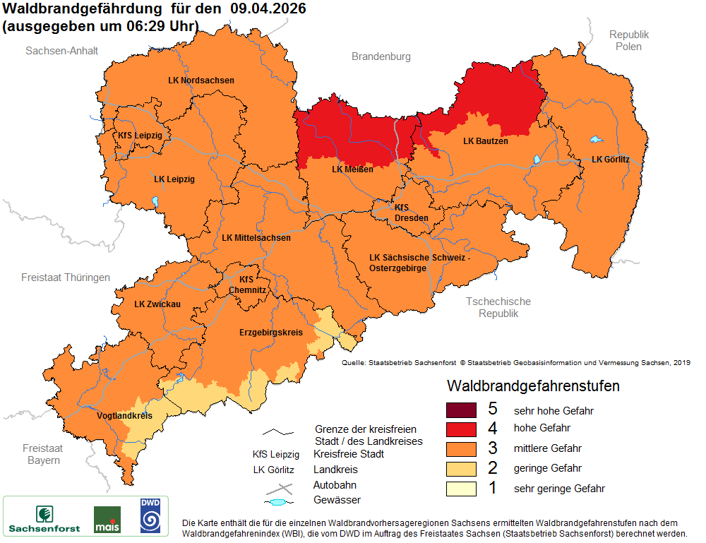 Aktuelle Waldbrandwarnstufen für Sachsen