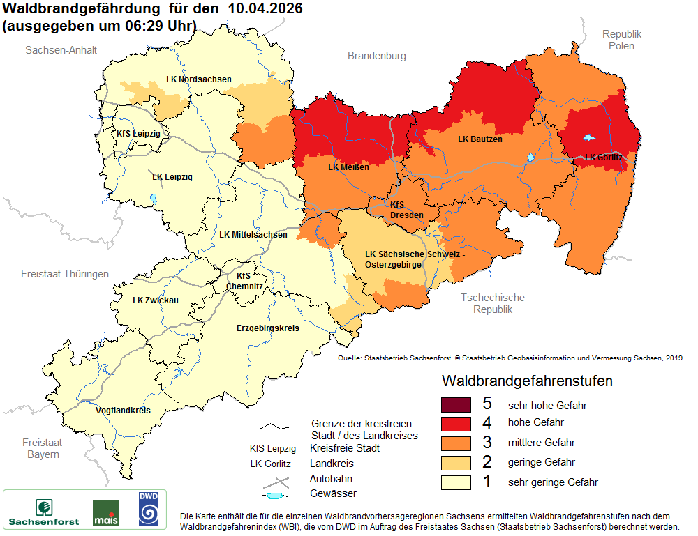 Aktuelle Waldbrandwarnstufen für Sachsen