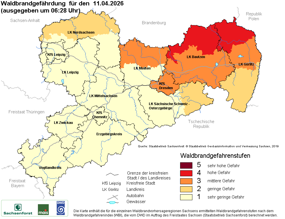 Aktuelle Waldbrandwarnstufen für Sachsen