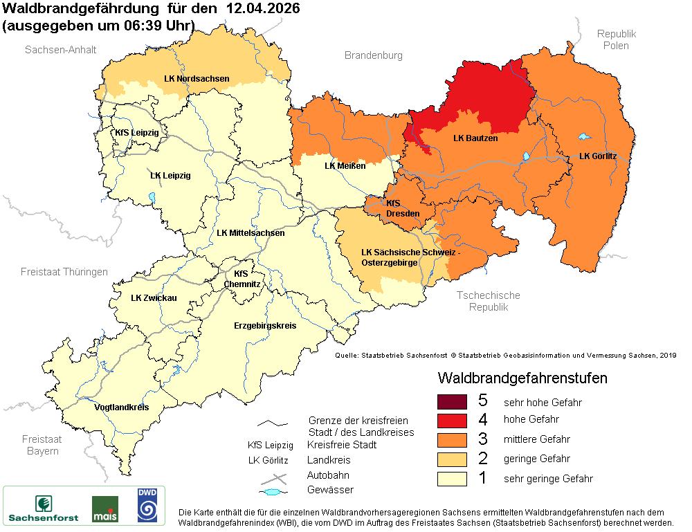 Aktuelle Waldbrandwarnstufen für Sachsen
