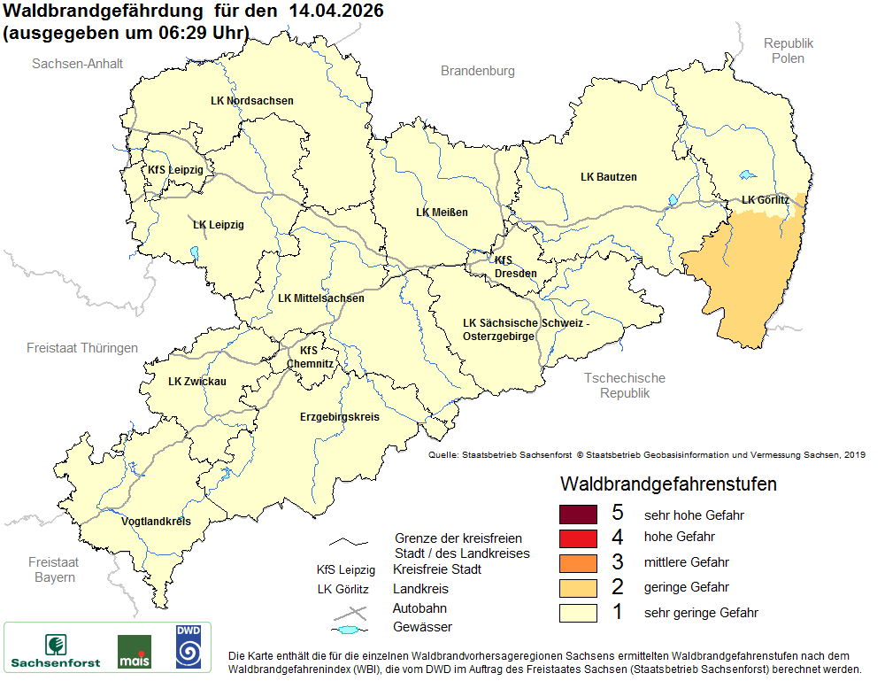 Aktuelle Waldbrandwarnstufen für Sachsen