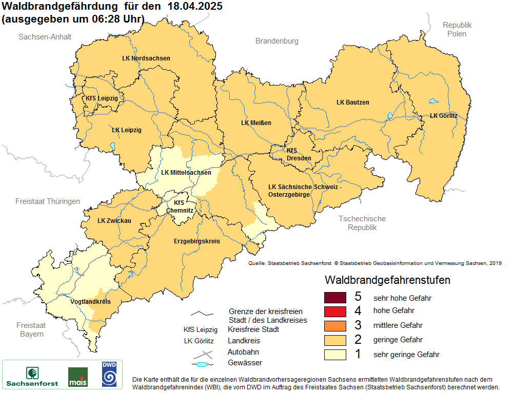 Aktuelle Waldbrandwarnstufen für Sachsen