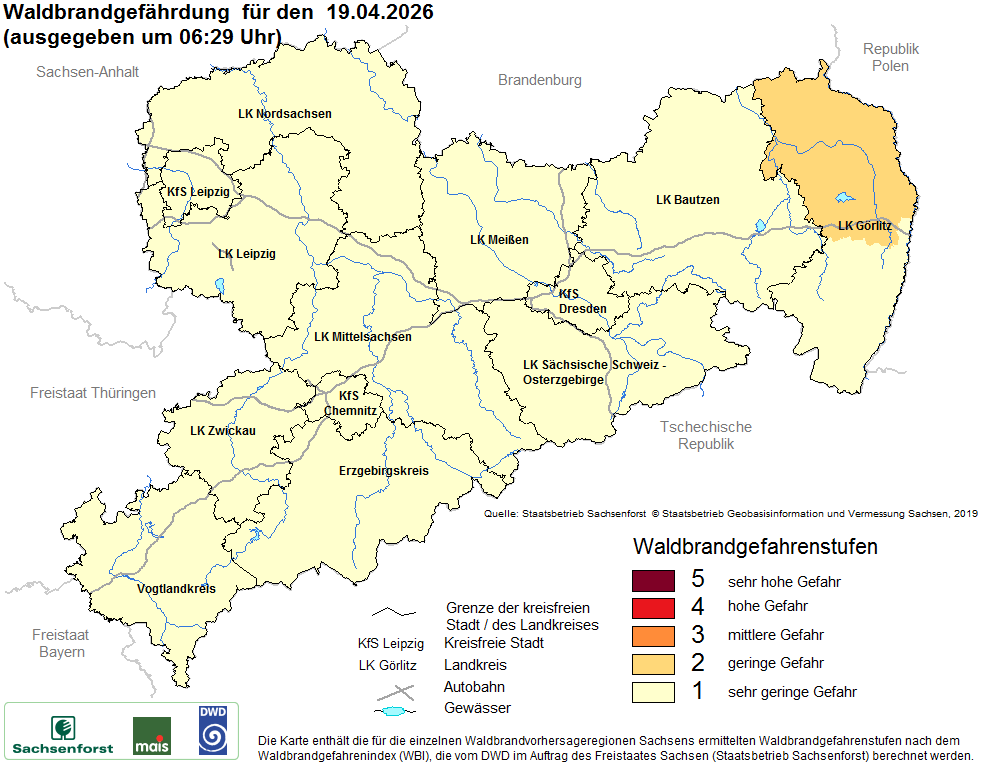 Aktuelle Waldbrandwarnstufen für Sachsen