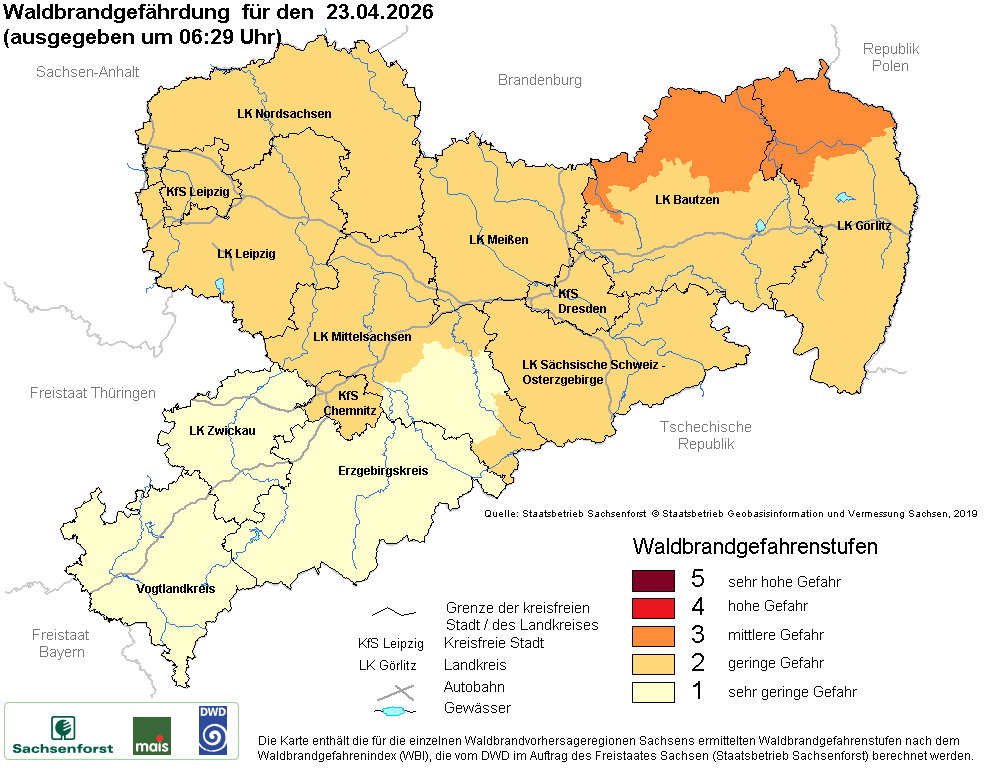 Aktuelle Waldbrandwarnstufen für Sachsen