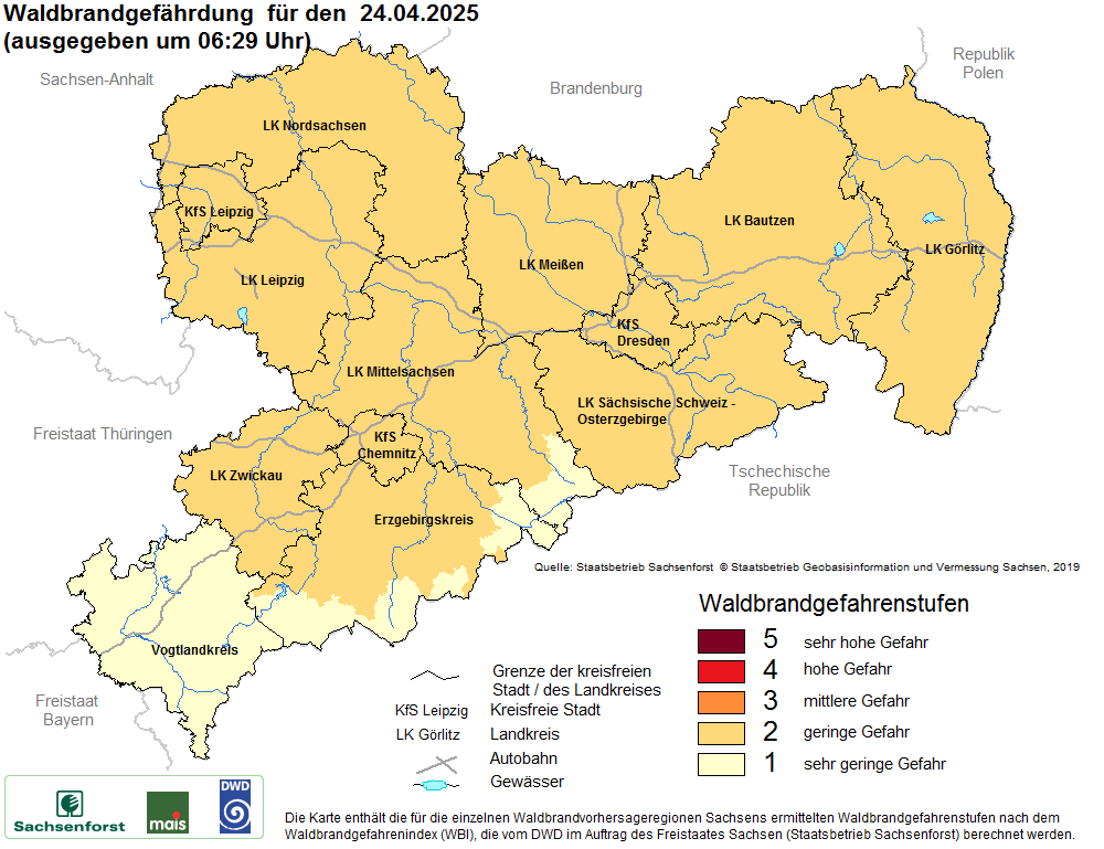 Aktuelle Waldbrandwarnstufen für Sachsen