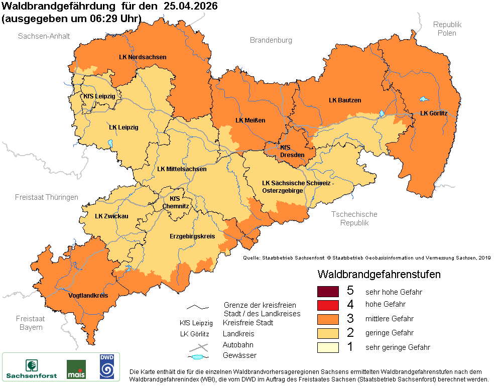 Aktuelle Waldbrandwarnstufen für Sachsen