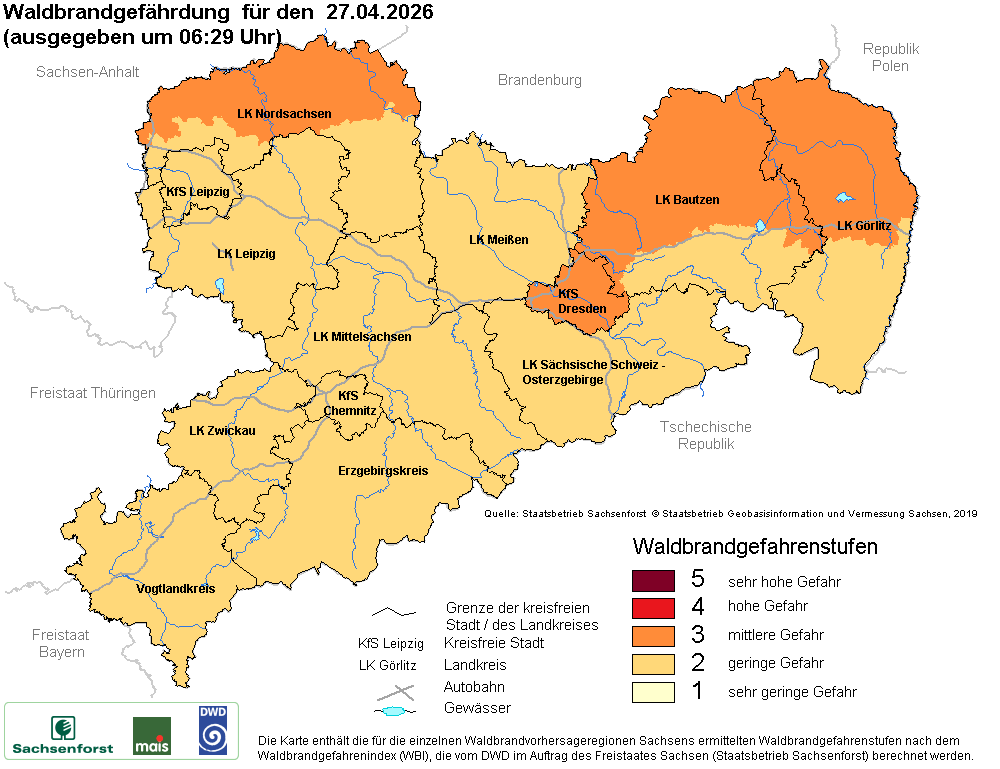 Aktuelle Waldbrandwarnstufen für Sachsen
