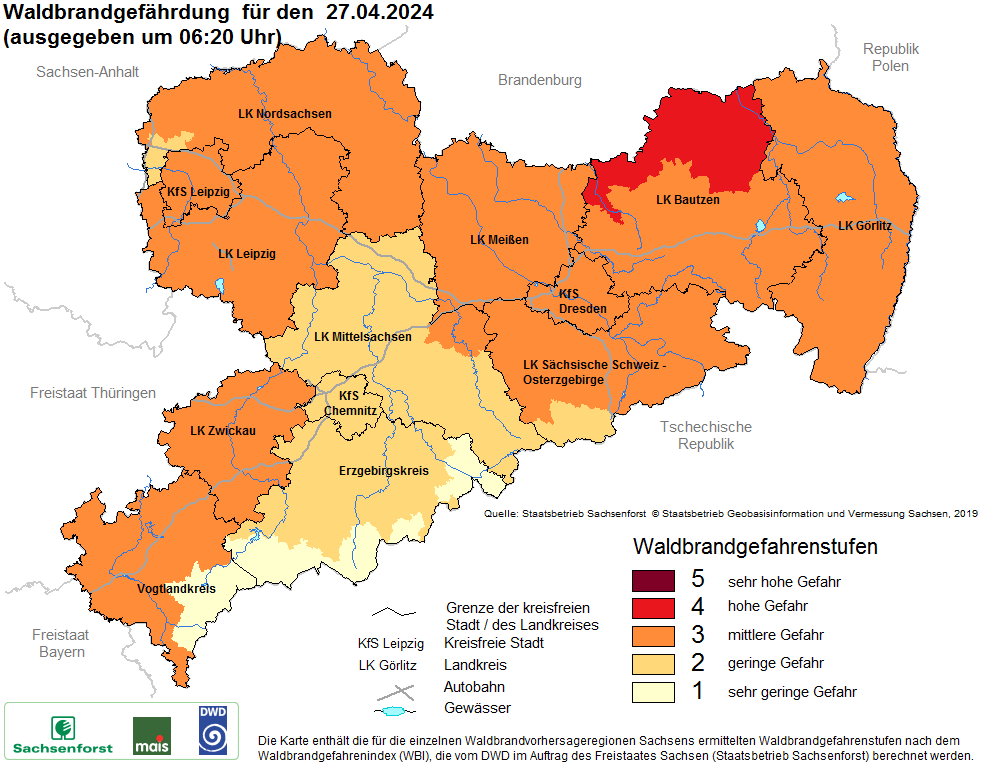 Aktuelle Waldbrandwarnstufen für Sachsen