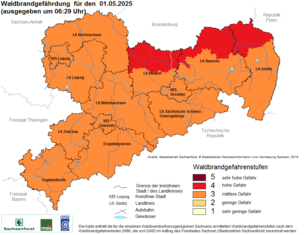 Aktuelle Waldbrandwarnstufen für Sachsen