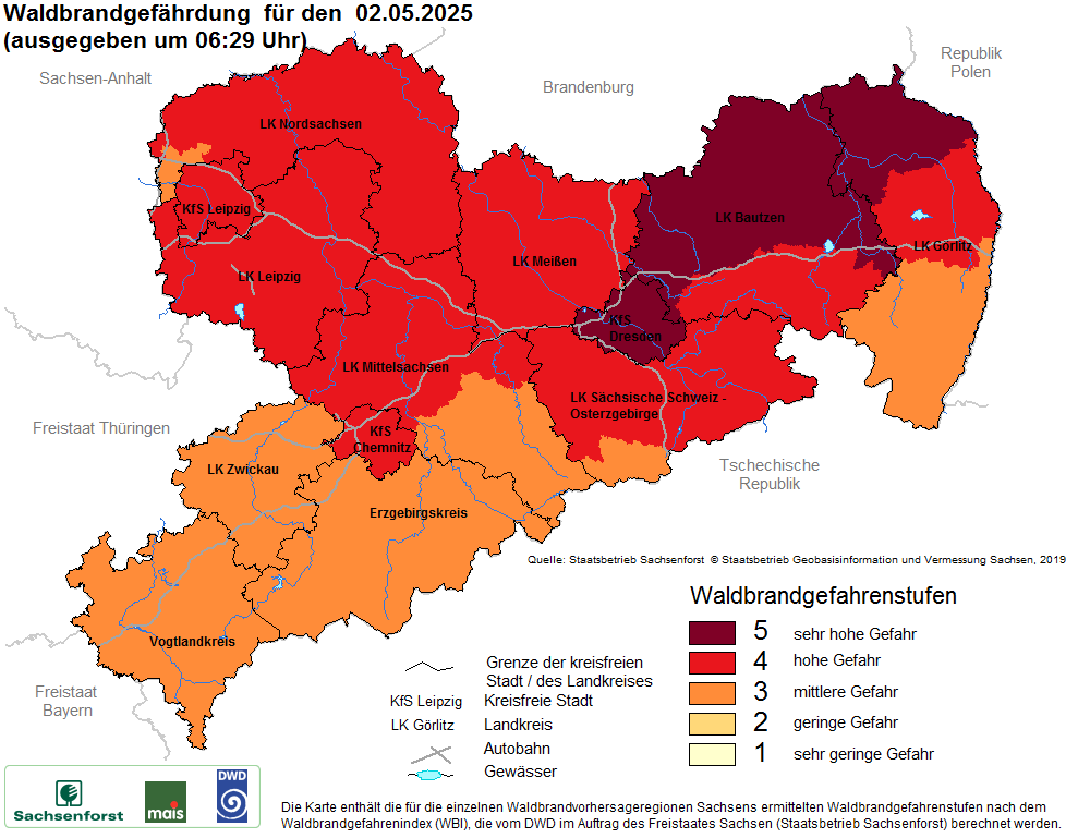 Aktuelle Waldbrandwarnstufen für Sachsen
