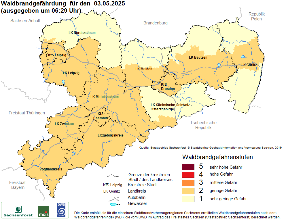 Aktuelle Waldbrandwarnstufen für Sachsen