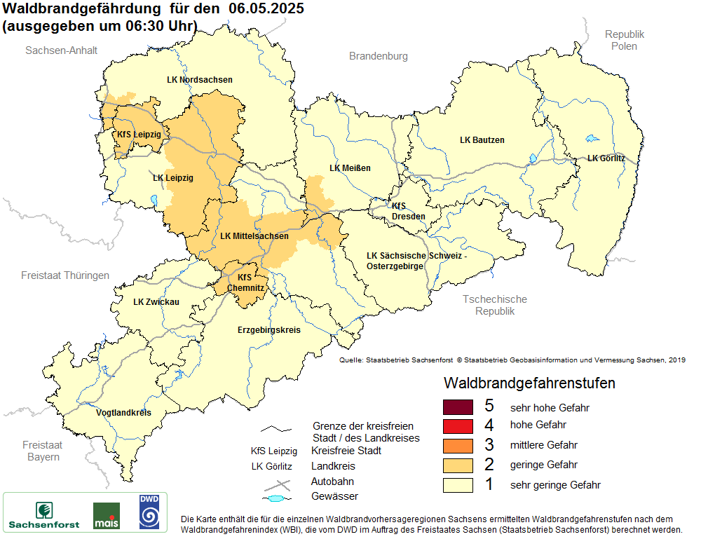 Aktuelle Waldbrandwarnstufen für Sachsen