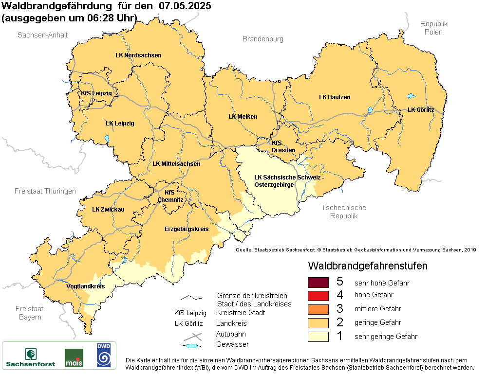 Aktuelle Waldbrandwarnstufen für Sachsen