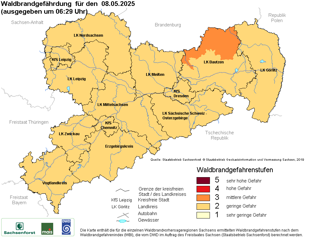 Aktuelle Waldbrandwarnstufen für Sachsen