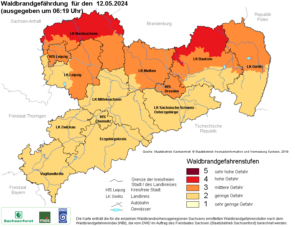 Aktuelle Waldbrandwarnstufen für Sachsen