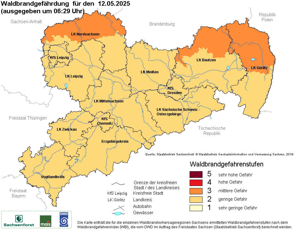 Aktuelle Waldbrandwarnstufen für Sachsen