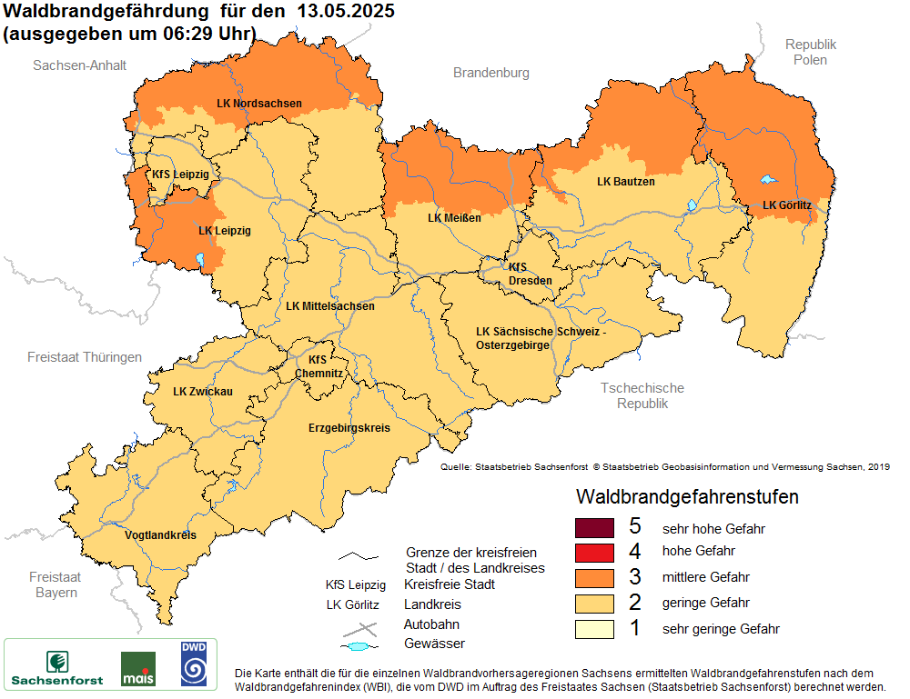 Aktuelle Waldbrandwarnstufen für Sachsen