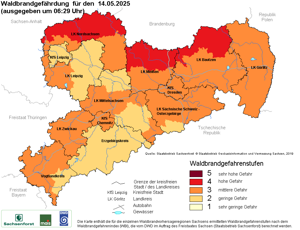 Aktuelle Waldbrandwarnstufen für Sachsen