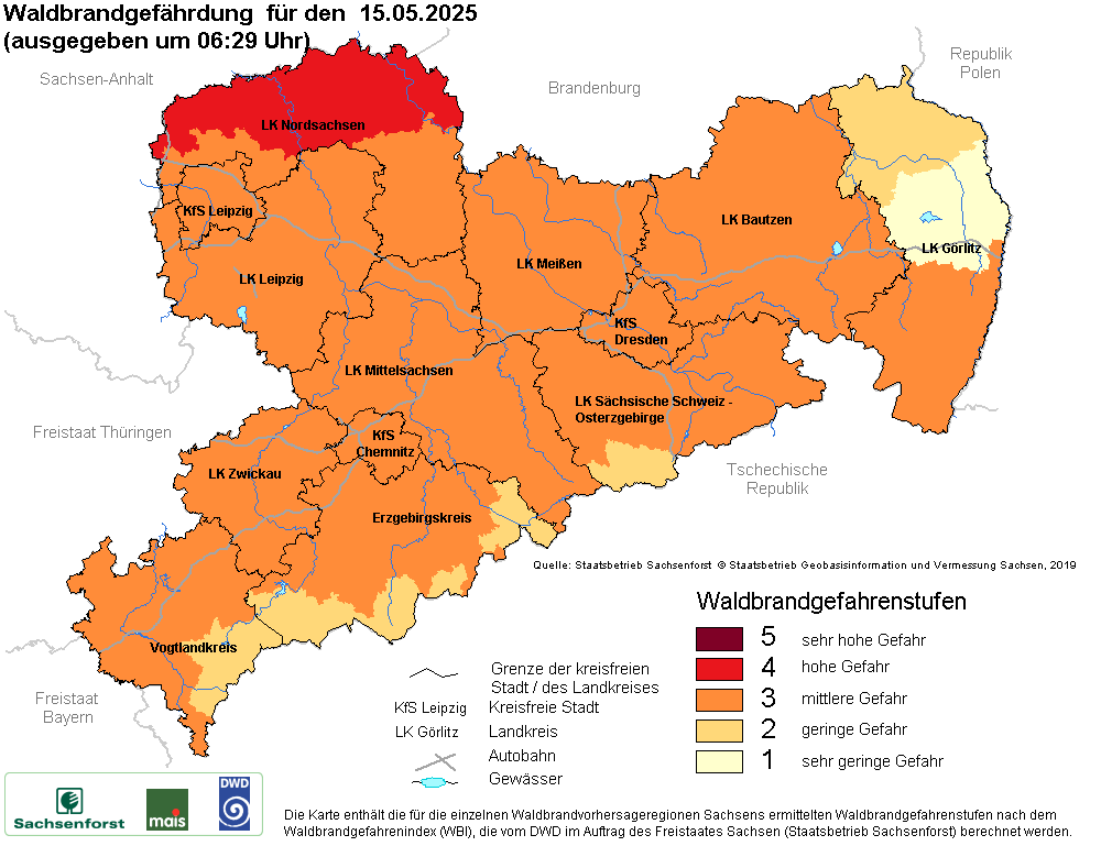 Aktuelle Waldbrandwarnstufen für Sachsen