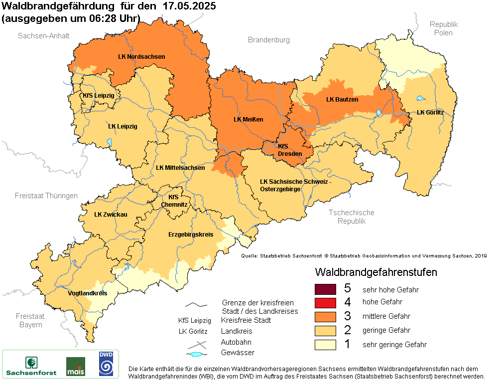 Aktuelle Waldbrandwarnstufen für Sachsen