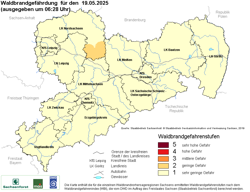 Aktuelle Waldbrandwarnstufen für Sachsen