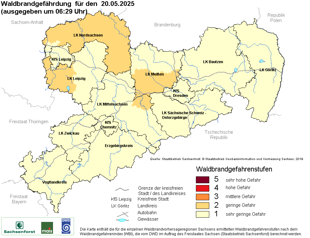 Aktuelle Waldbrandwarnstufen für Sachsen