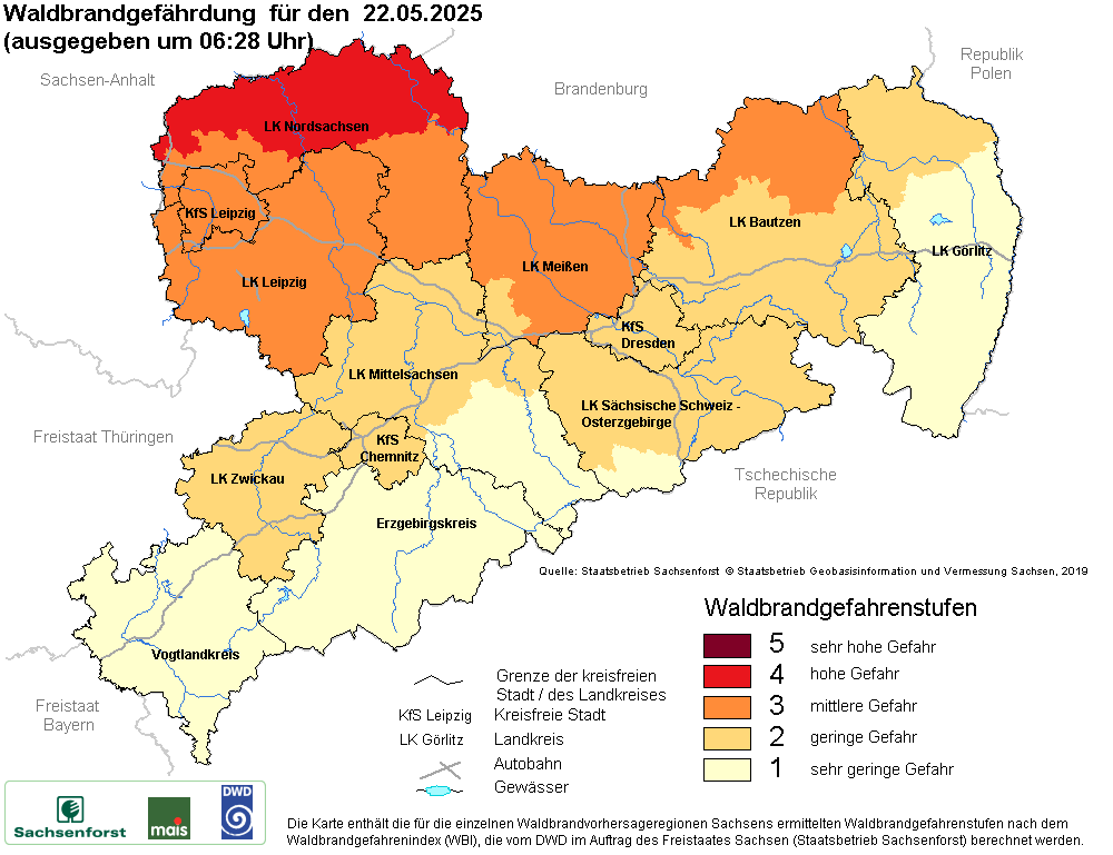 Aktuelle Waldbrandwarnstufen für Sachsen