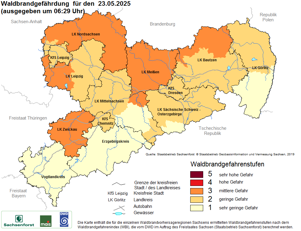 Aktuelle Waldbrandwarnstufen für Sachsen