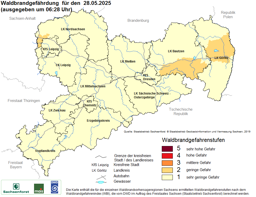Aktuelle Waldbrandwarnstufen für Sachsen