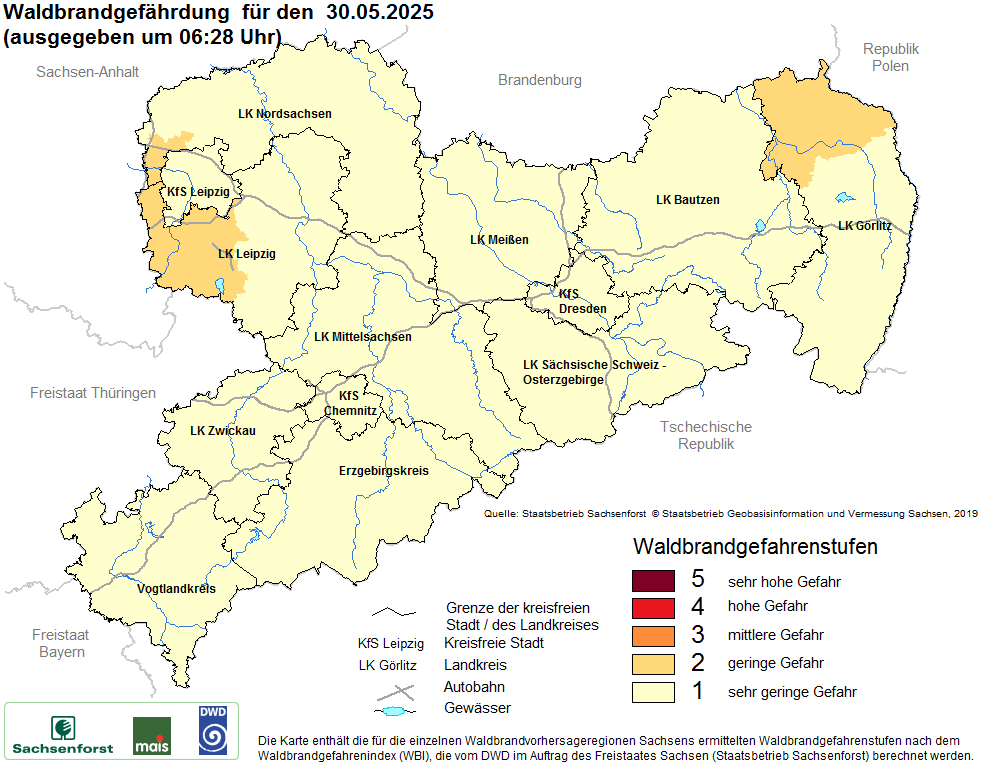 Aktuelle Waldbrandwarnstufen für Sachsen