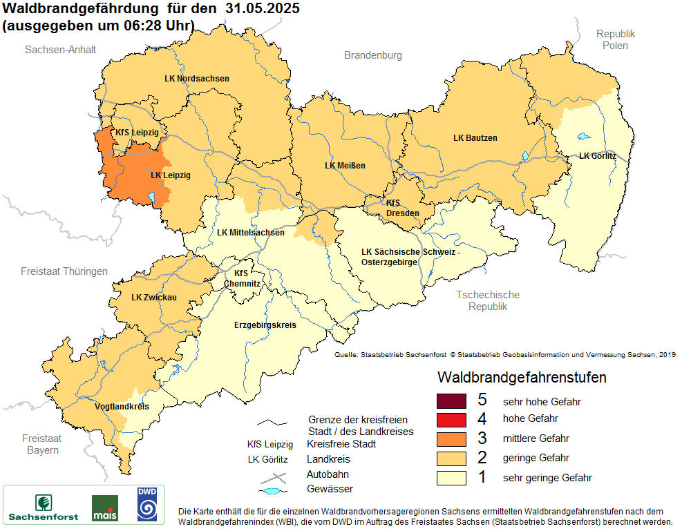 Aktuelle Waldbrandwarnstufen für Sachsen