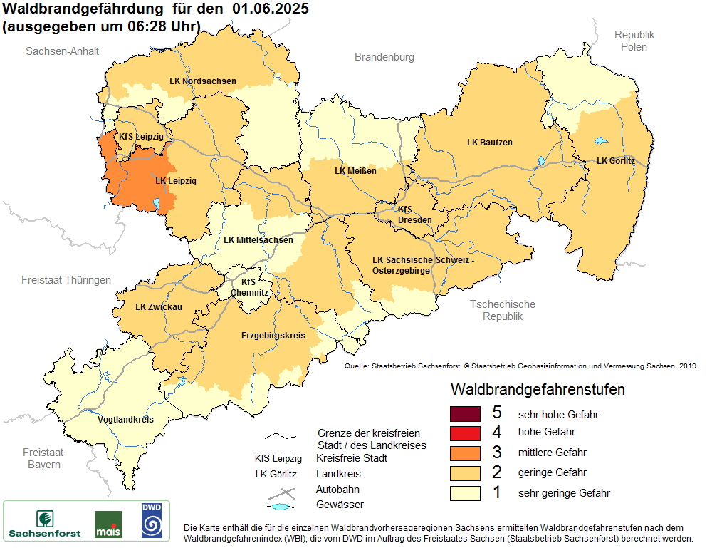 Aktuelle Waldbrandwarnstufen für Sachsen