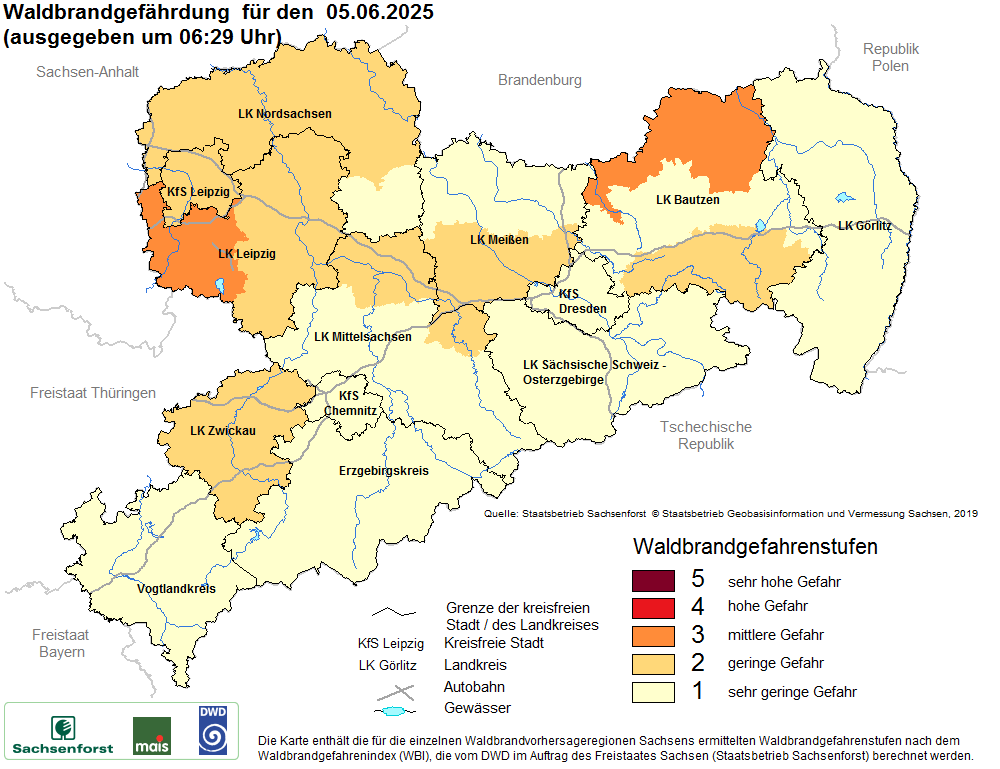 Aktuelle Waldbrandwarnstufen für Sachsen