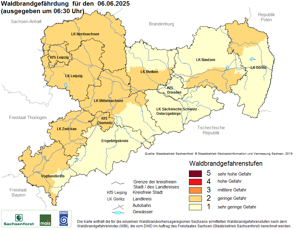 Aktuelle Waldbrandwarnstufen für Sachsen