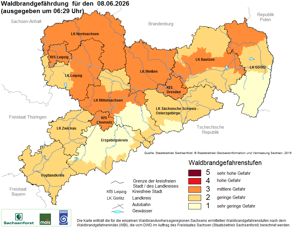 Aktuelle Waldbrandwarnstufen für Sachsen