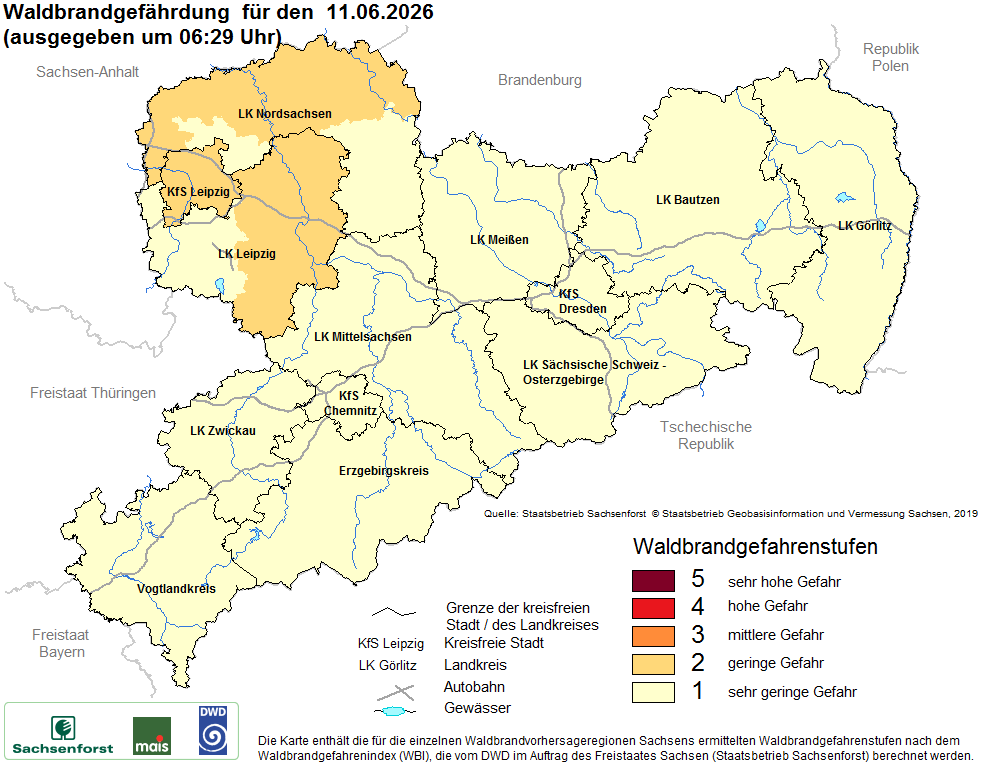 Aktuelle Waldbrandwarnstufen für Sachsen