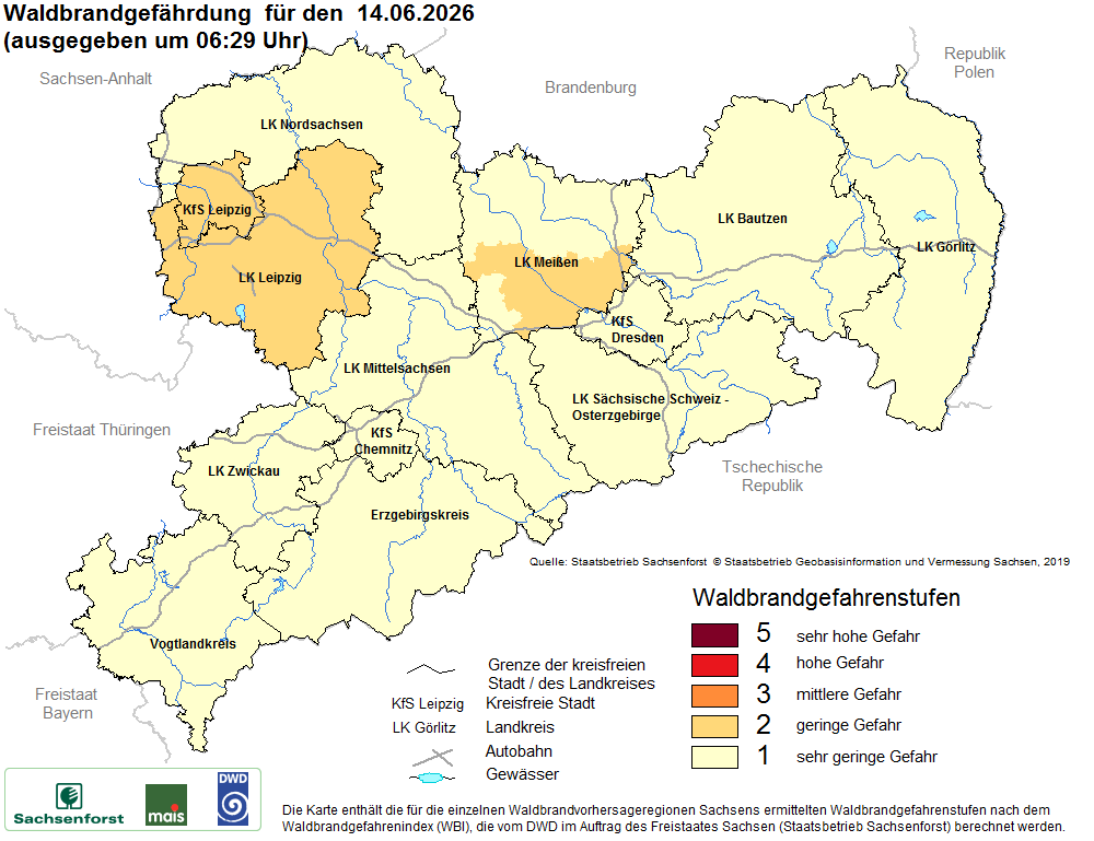 Aktuelle Waldbrandwarnstufen für Sachsen