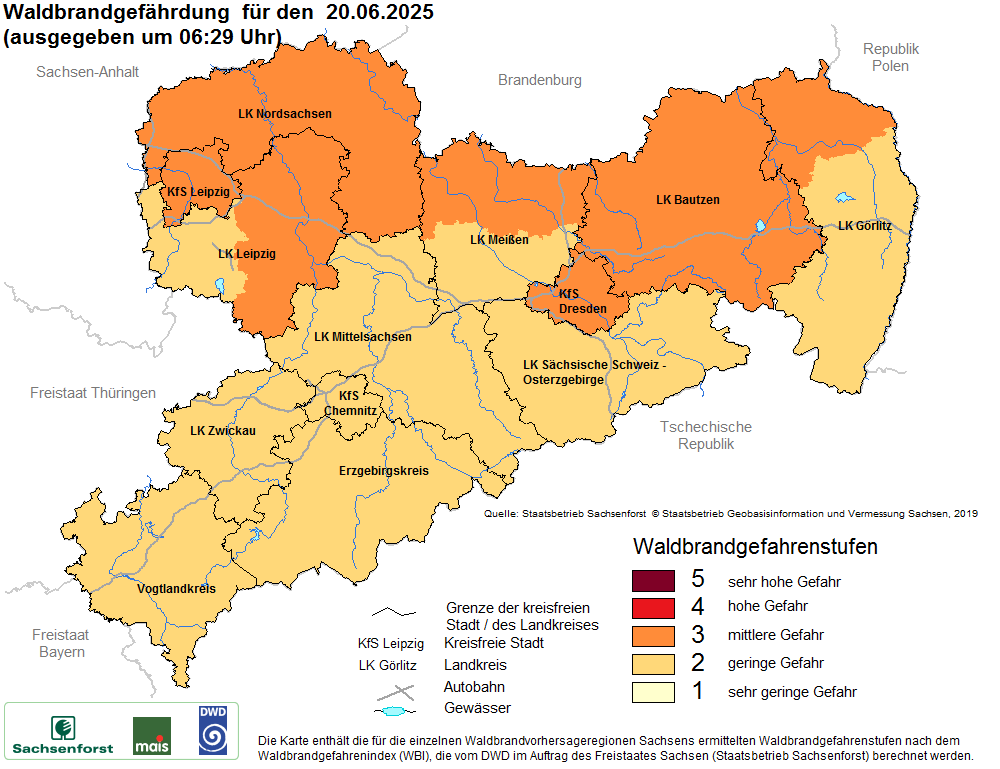 Aktuelle Waldbrandwarnstufen für Sachsen