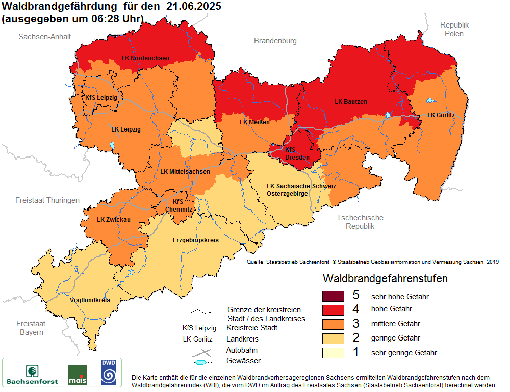 Aktuelle Waldbrandwarnstufen für Sachsen