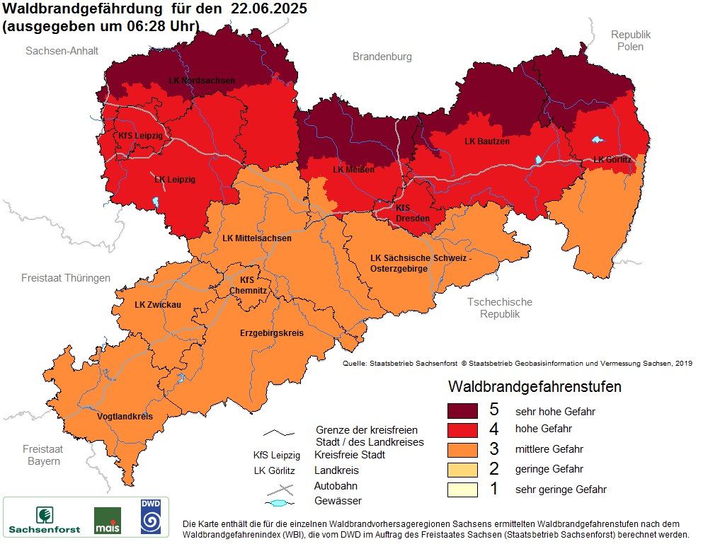 Aktuelle Waldbrandwarnstufen für Sachsen