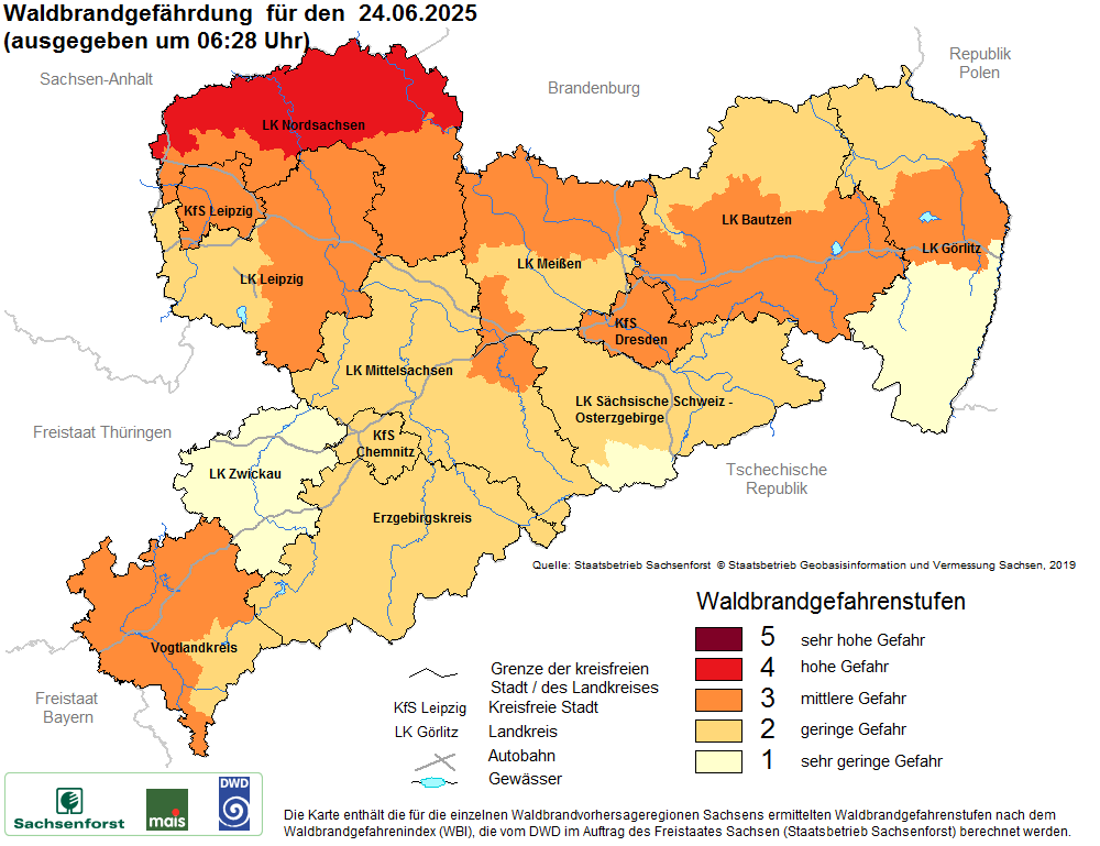 Aktuelle Waldbrandwarnstufen für Sachsen
