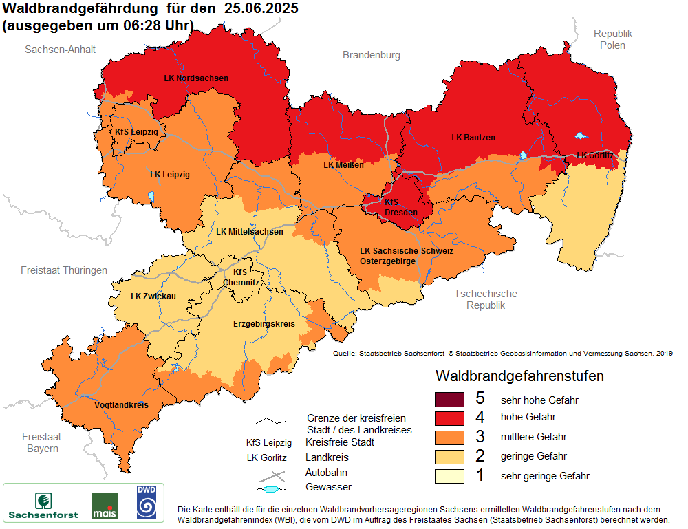 Aktuelle Waldbrandwarnstufen für Sachsen
