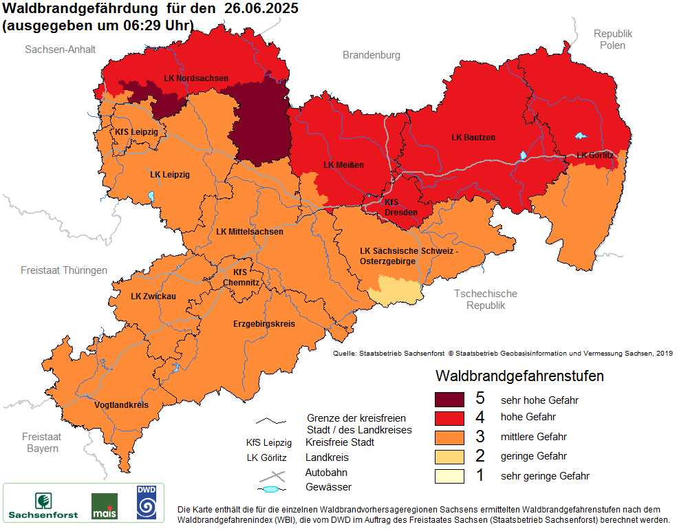 Aktuelle Waldbrandwarnstufen für Sachsen