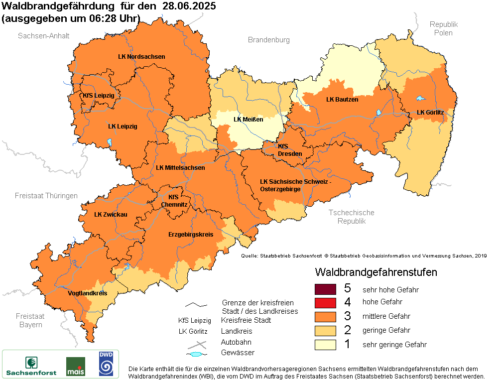 Aktuelle Waldbrandwarnstufen für Sachsen